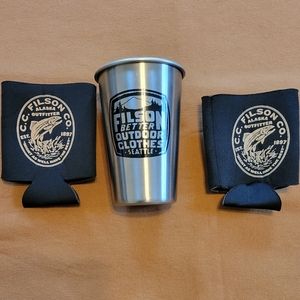 Filson steel pint cup and beer sleeves